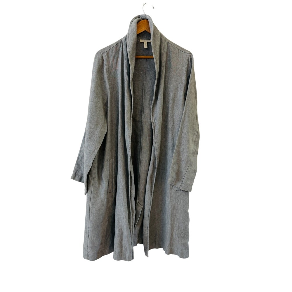 Eileen Fisher Organic Linen Coatigan Jacket Womens L Gray Open Front Minimalist